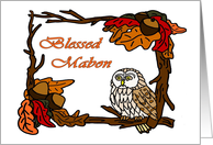 Pagan Blessed Mabon in a frame of branches, leaves and an Owl card