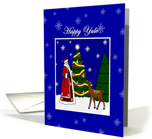 Happy Yule Santa decorating Tree with Deer and Snowflakes card