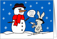 Humorous Christmas Bunny Bandit and Snowman card