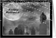 Happy Halloween Black and White Graveyard, Moon and Vulture card