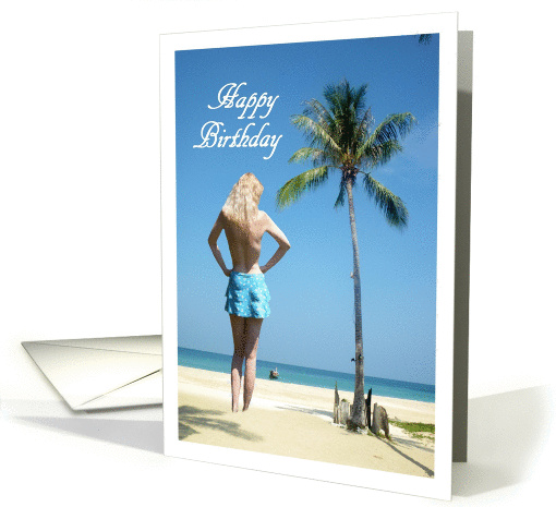 Happy Birthday Topless Blonde Girl on Beach card (837290)