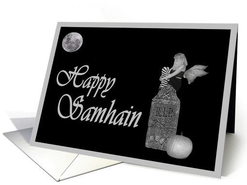 Happy Samhain Faerie Sitting on Tombstone with Pumpkin and Moon card