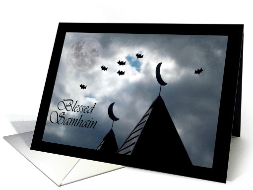 Blessed Samhain Nighttime Rooftops, Moon and Bats card (866690)