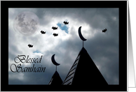 Blessed Samhain Nighttime Rooftops, Moon and Bats card