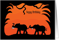Happy Birthday, Silhouetted Elephants on Orange and Black Background card