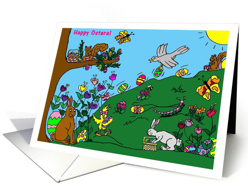 Happy Ostara Painted Eggs, Squirrels, Bunnies and Birds card (888531)