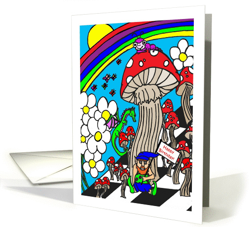 Happy Birthday Psychedelic Mushrooms, Gnome, Flowers and Dragon card