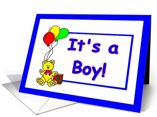 It's a Boy Baby Announcement with Teddy Bear, Balloons and Block card