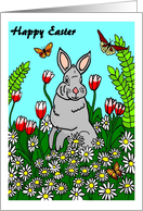 Happy Easter Bunny with Spring Flowers and Butterflies card