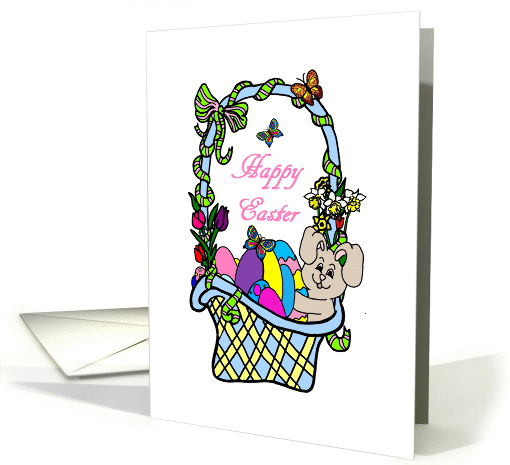 Happy Easter Bunny in a basket with eggs card (946398)