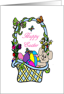 Happy Easter Bunny in a basket with eggs card