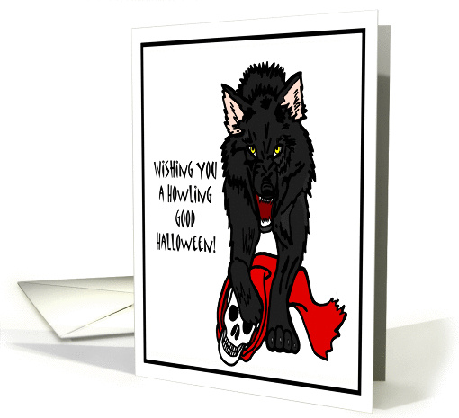 Happy Halloween Wolf with Skull with Red Cape card (956951)
