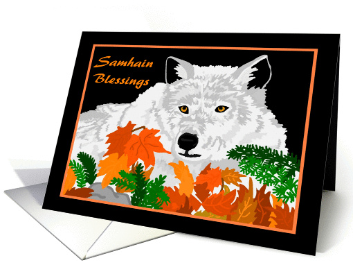 Samhain Blessings Wolf with Autumn Leaves card (961021)