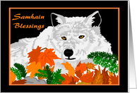 Samhain Blessings Wolf with Autumn Leaves card