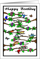 Happy Birthday Song Birds in Tree with Flowers and Butterflies card