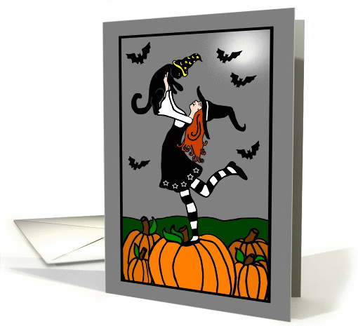 Little Samhain Witch with Cat on Pumpkins card (970213)