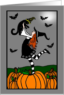 Little Samhain Witch with Cat on Pumpkins card