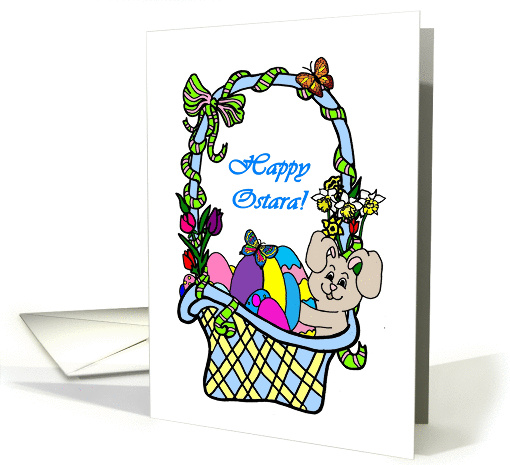 Happy Ostara Basket with Bunny, Eggs and Flowers card (970225)
