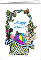 Happy Ostara Basket with Bunny, Eggs and Flowers card