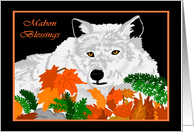 Mabon Blessings Wolf with Autumn Leaves card