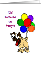 Party Invitation with Pug Dog and Balloons card