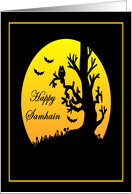 Happy Samhain Owl in a Tree with Bats card