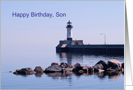 Happy Birthday Son, Lighthouse Lighting Your Way Wiith Clear Skies card