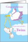 Congratulations on becoming parents of twins, stork with babies card