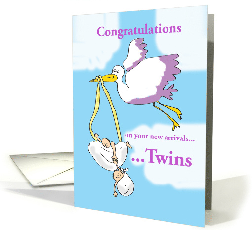 Congratulations on becoming parents of twins, stork with babies card