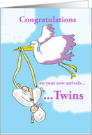 Congratulations on becoming parents of twins, stork with babies card