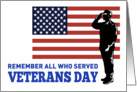 Veterans Day card featuring American soldier saluting flag card