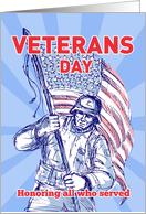Veterans Day card featuring American soldier serviceman carrying flag card