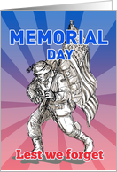Memorial Day card featuring American soldier serviceman carrying flag card