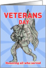Veterans Day card featuring American soldier serviceman carrying flag card