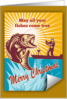 Christmas Day card featuring Fly Fisherman catching largemouth bass card