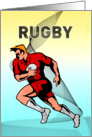 Rugby sport card featuring rugby player running with ball side view card