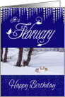 February birthday, icicles, snow, rabbits, bird, trees, blue, white, card