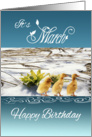 March birthday, ducklings, melting snow, growth, Spring, blue, white, card