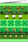 St Patrick’s Day birthday, green, fiddles, shamrocks,rainbows, beer, card