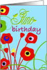 June birthday, red & yellow butterfly & flowers, summery sky blue card