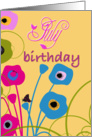 July birthday, red & black butterfly & flowers, summery warm yellow, card