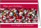Bright birthday flower montage, multi colors, red & white banding, card