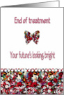 End of medical treatment congratulations, colorful butterfly, flowers, card