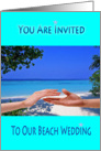 Beach wedding invitation, white sand, blue sky, hands reaching, card