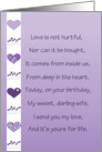Birthday wife, hearts and flowers, lilac, white with verse, love card