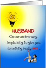 Husband anniversary humor, comic face, sexy lady, blue, yellow card