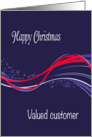 Valued customer christmas greetings, navy, red and white, swirls, card