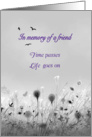 In memory of friend, meadow flowers, birds, black and white, verse, card