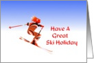 Ski Holiday, Lady skiier flying throught the air card