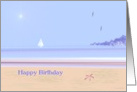 Beach and ocean birthday wishes, pastel calm sea scene. sea,sand, card